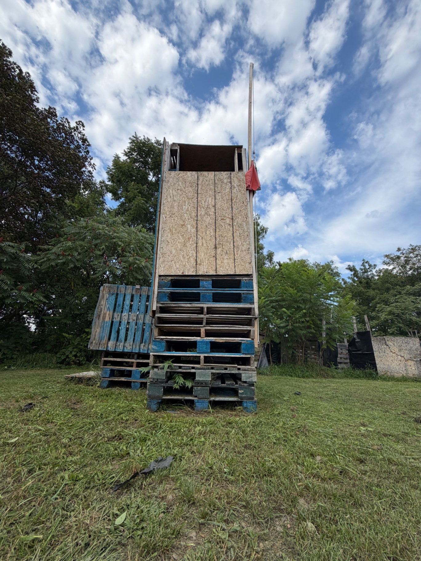 A tall makeshift lookout of stacked blue and natural pallets and particle board, flying a red flag, stands on grass in front of trees