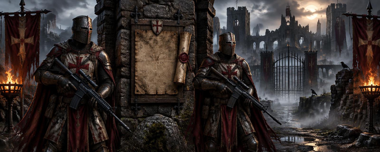 Two knights holding rifles stand beside a stone notice gate in the mist