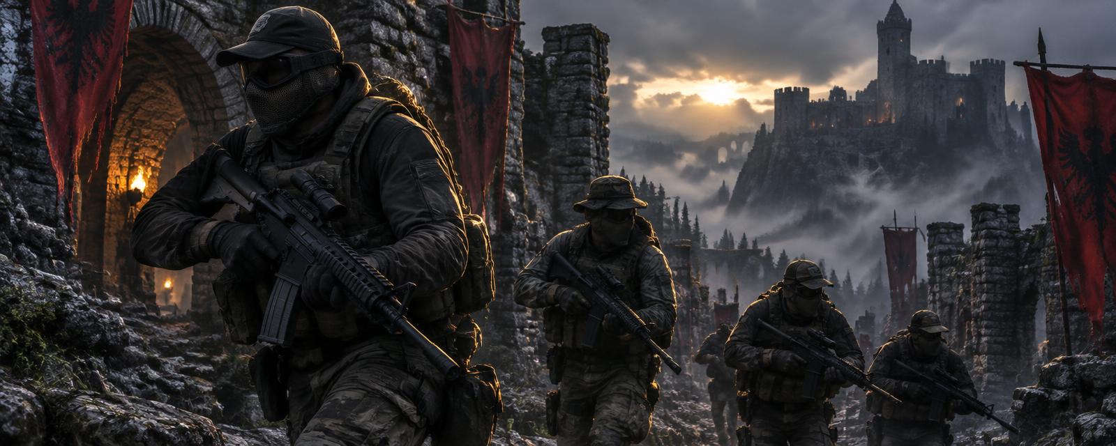 Airsoft players in masks advancing through a misty ruined fort, each carrying a rifle