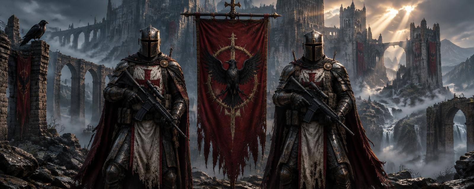 Two armored knights holding rifles flank a crimson banner before misty ruins