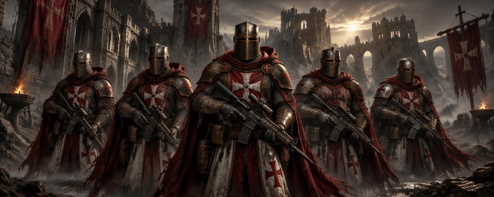 Five armored knights in crimson tabards standing in a line, each carrying a rifle, before a ruined fortress
