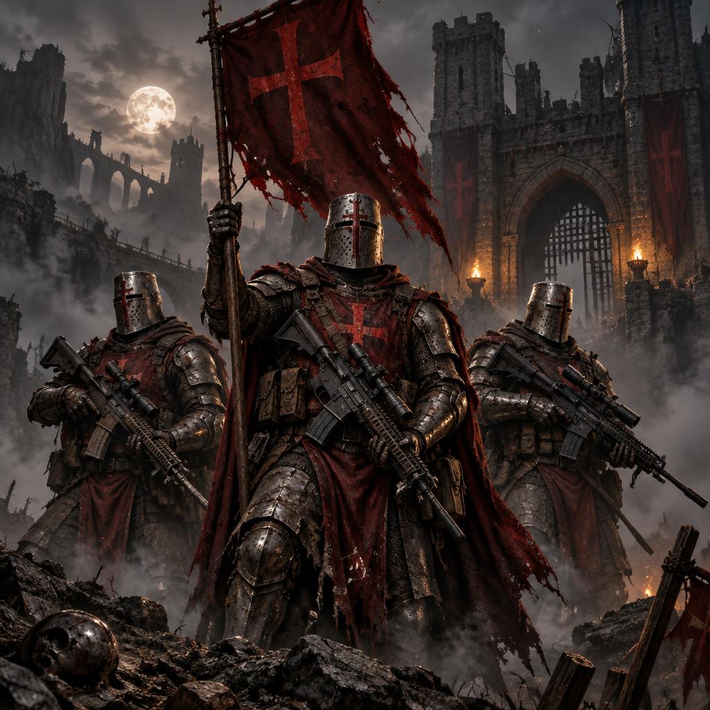 Three armored knights with rifles before a castle gate, one raising a crimson banner