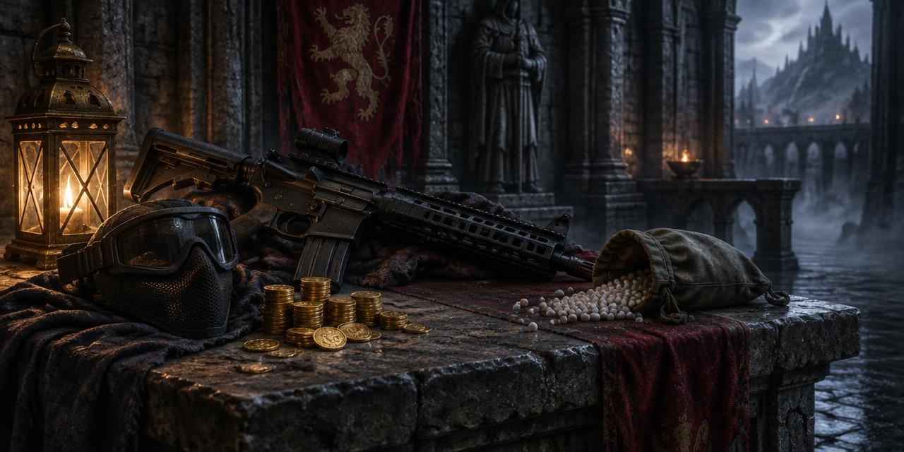 Gold coins, a rifle, a face mask and a bag of pellets on a stone table lit by a lantern
