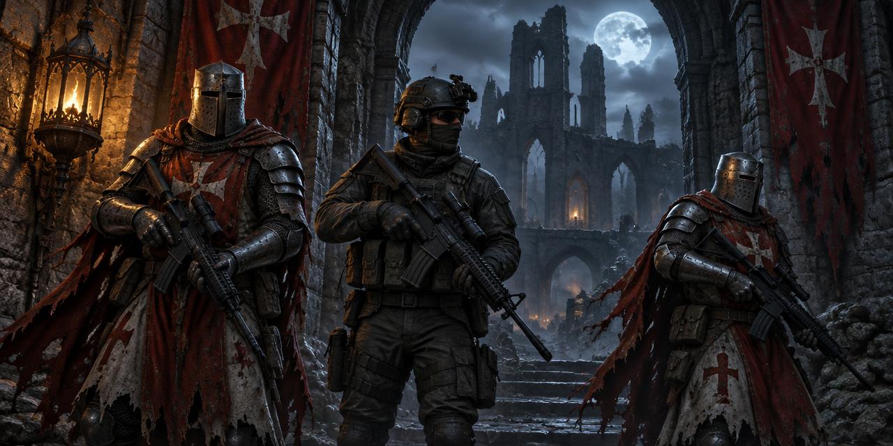 Two knights and a soldier holding rifles guard a misty stone gateway